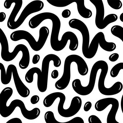 Blob shapes black and white seamless repeat vector pattern. Liquid, organic y2k style squiggles, groovy doodle bold lines, scribbles, wavy stripes. Fluid paint stains, trendy chaotic background. 