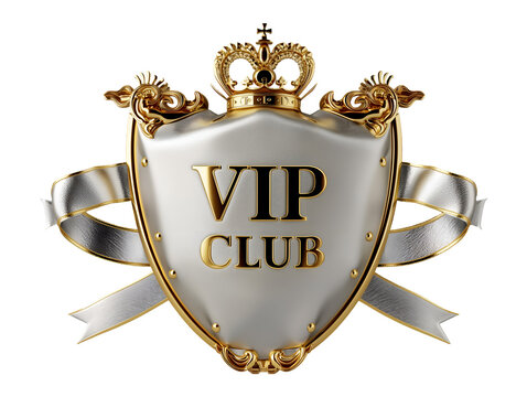 golden vip text in golden shield and ribbon