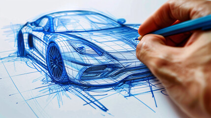 Hand drawing a detailed blueprint of a car, showcasing detailed lines and shading in blue
