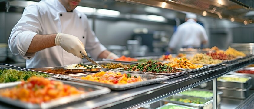Chef in front of a fully stocked lunch serving station with trays filled with a variety of cuisine.