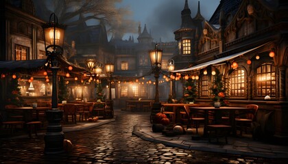 Illustration of a street in the old town of Prague at night