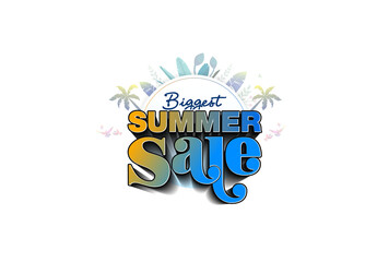 PNG illustration of Biggest Summer sale 3d logo design with spring summer green leaf tropical background.