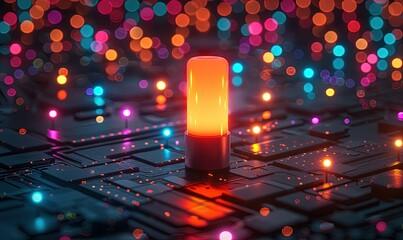 abstract illustration of colorful neon circuit with glowing orange lamp on black surface