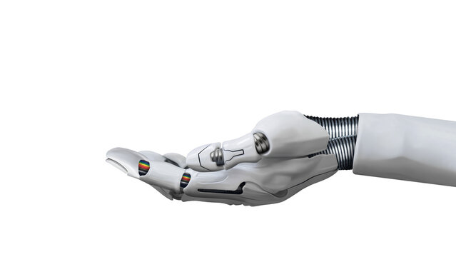 Robot hand with palm up isolated on free png background. Something in the robot hand holding or presenting concept.