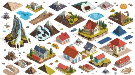 Collection of different types of houses and buildings, suitable for real estate concepts