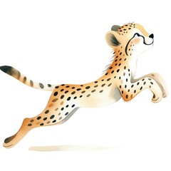 Cute cartoon cheetah running, isolated on white background, watercolor illustration.