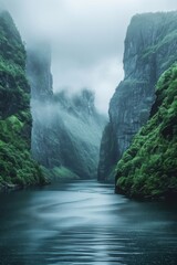 Serene misty fjord with towering green cliffs and calm waters, creating a peaceful and tranquil...