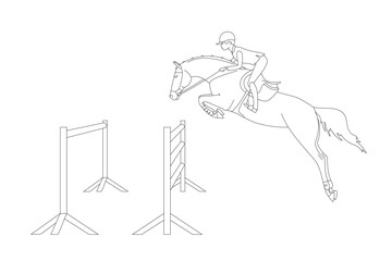 Fototapeta premium A rider on a horse jumps over an obstacle, line vector illustration