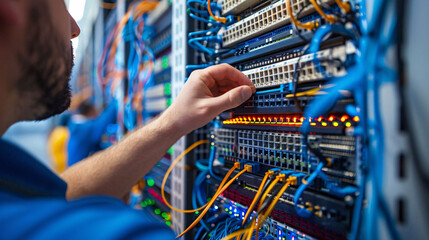 Close-up of a technician’s hand plugging in orange and blue network cables into a server rack filled with blinking indicator lights and dense wiring in a data center