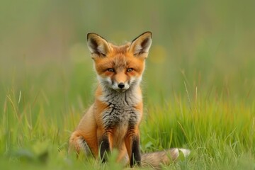 A red fox sitting in a grassy field. Perfect for wildlife and nature themes
