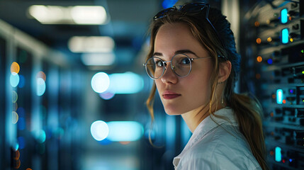 Female Data Scientist Analyzing Server Data in a High-Tech Environment, Network Engineer inspections the Data Server room, Hardware, Servers, Networking, IT infrastructure, Network equipment	