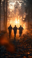 Silhouettes of runners running together at sunrise through a forrest