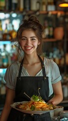 A happy waitress is shown in this bar employee portrait carrying food and beverages on a serving tray.