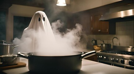 A ghostly figure can be seen in the kitchen and steam is rising from a pot, creating a menacing atmosphere. The presence of the specter makes the atmosphere saturated with mystery and fear.