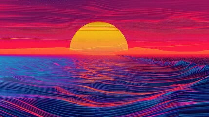 A stunning purple and violet afterglow lights up the fluid horizon as the red sky at morning fades into dusk, casting a colorful sunset over the ocean with a blurred background AIG50