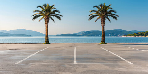 Asphalted empty promenade in front of the sea. Palm trees, sunny summer day.