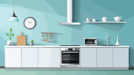 Interior of stylish kitchen with microwave oven near