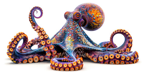 Octopus with purple and blue tentacles with no shadow on white background 