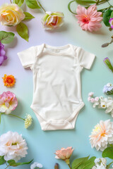 Blank cotton baby short sleeve bodysuit on colored background with flowers. Mockup of baby clothes for newborns.