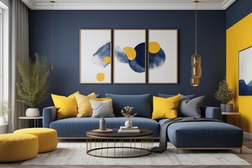 Dark Blue And Yellow Living Room Design With Grey Accent Wall