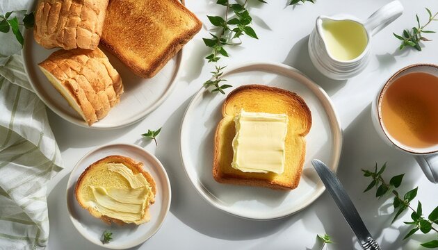 Table de petit-d&eacute;jeuner avec des tartines de pain grill&eacute; au beurre