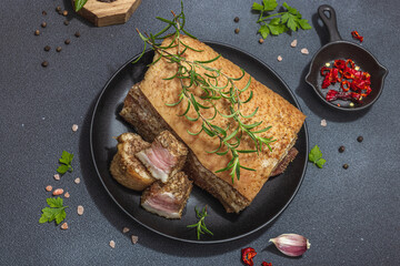 Piece of salty high-fat meat cooked with spices. Salo, bacon, lard, silverside, gammon