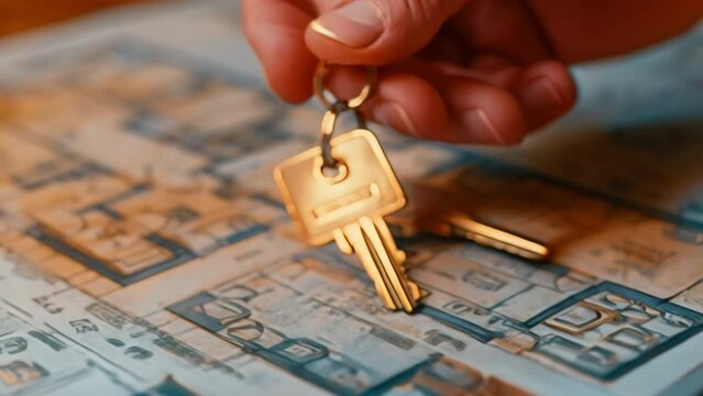 A hand holds a set of keys over a commercial real estate blueprint. Emphasis on property management.