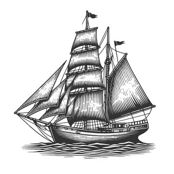 recommend clip art:  classic sailing ship, its sails billowing as it navigates high seas, maritime exploration sketch engraving generative ai raster illustration. Scratch board imitation. Black and white image.