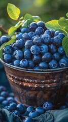 Close-up of a bowl filled with freshly picked blueberries on a wooden table