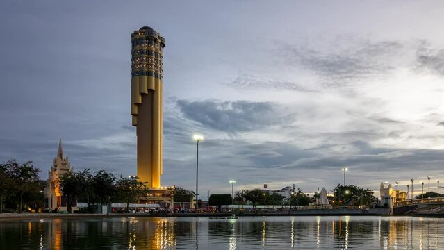 4k Time lapse Roi-ET 101 Tower at twilight. The Most popular place for tourist. Art and culture of the Isaan people