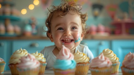 Fototapeta premium Children are having a party, enjoying with cupcakes and great fun.