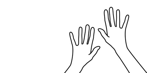 Vector Two Raised Hands.Women's Palms Hand Drawn.Banner,Poster Black Lines on White Background.Minimalist Style,Fashionable,Modern,Delicate Drawing.For Logos,Beauty Salon,Manicure,Love Expectations.
