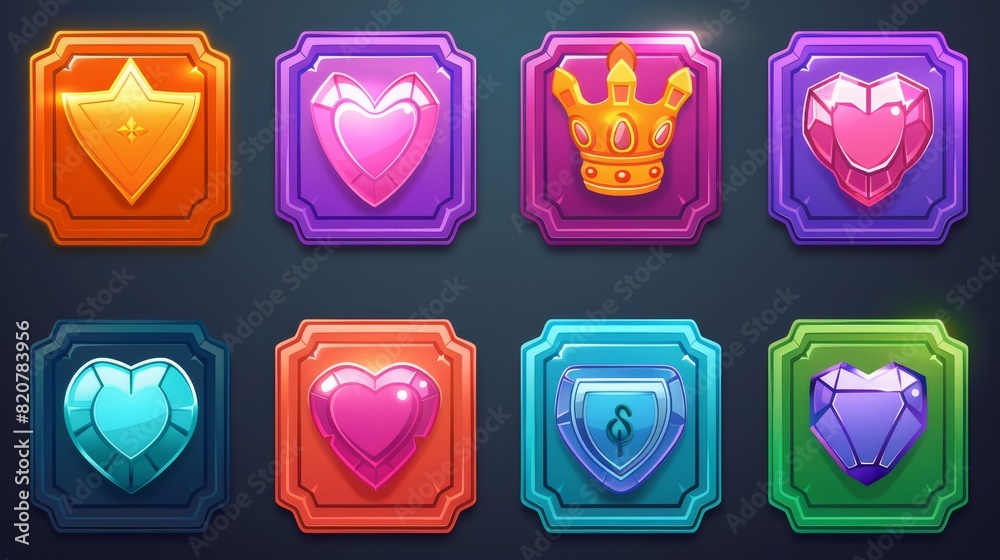 Wall mural Isolated vintage game buttons on a modern background. Modern illustration. Colorful user interface frames decorated with shiny gem stones. Medieval rank sign template. GUI design element.