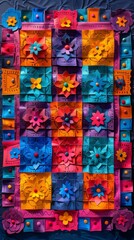 Fototapeta premium A vibrant quilt featuring intricate paper flowers in various colors