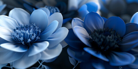 Blue flowers with white petals and blue flowers on a black background