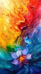 Detailed watercolor painting of a vibrant rainbow-colored flower with intricate petals and bright hues