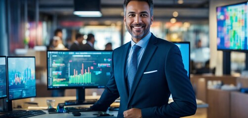 A vibrant image depicts a businessman with full body!, small smiling, defocus,  standing behind a fully transparent computer screen and looking directly to the camera, rich with diverse business data - Powered by Adobe