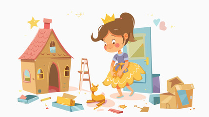 Little girl dressed as princess playing with take-apa