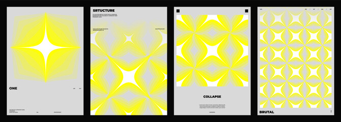 Set of four posters design. Vertical A4 format. Vector banner with neon illustration. Vector yellow light abstract art.