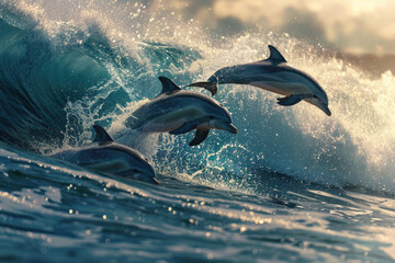 Dolphins leaping out of the water near an ocean wave.