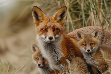 Fototapeta premium A mother fox with her two cubs in the grass, suitable for wildlife themes