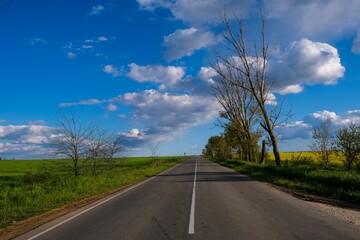 Beautiful view of a road surrounded by grassy fields and trees under a cloudy sky