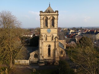 Aerial view of a clock tower in Boston Spa, UK