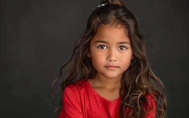 A young South Asian girl wearing a red shirt strikes a pose for a picture