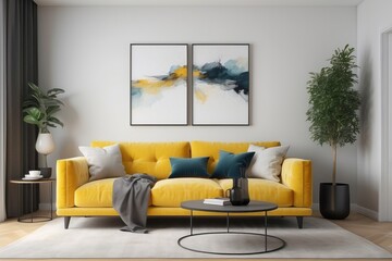 Living Room Design With 2 Seater Yellow Sofa