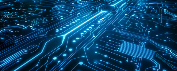 Fondo de Tecnolog&iacute;a Digital Azul Abstracto: Placa de Circuito Futurista de Alta Tecnolog&iacute;a con Elementos Brillantes, Concepto de Alta Velocidad para Dise&ntilde;o de Presentaciones Empresariales