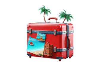 Vibrant Wanderlust: Red Suitcase With Palm Trees on a White or Clear Surface PNG Transparent Background.