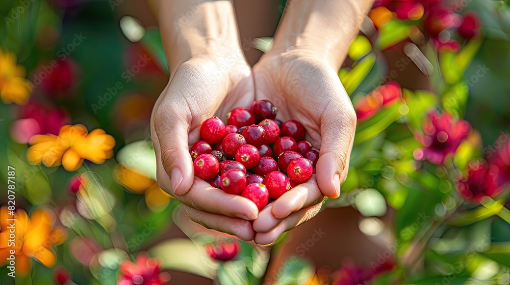 Wall mural Harvest in the hands of a woman in the garden. Selective focus.