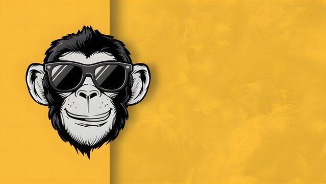 A stylish monkey wearing way farer sunglasses, a playful and cheeky expression of a solid yellow background 
