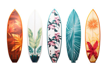 Waves of Creativity: A Vibrant Row of Unique Surfboard Designs on a White or Clear Surface PNG Transparent Background.